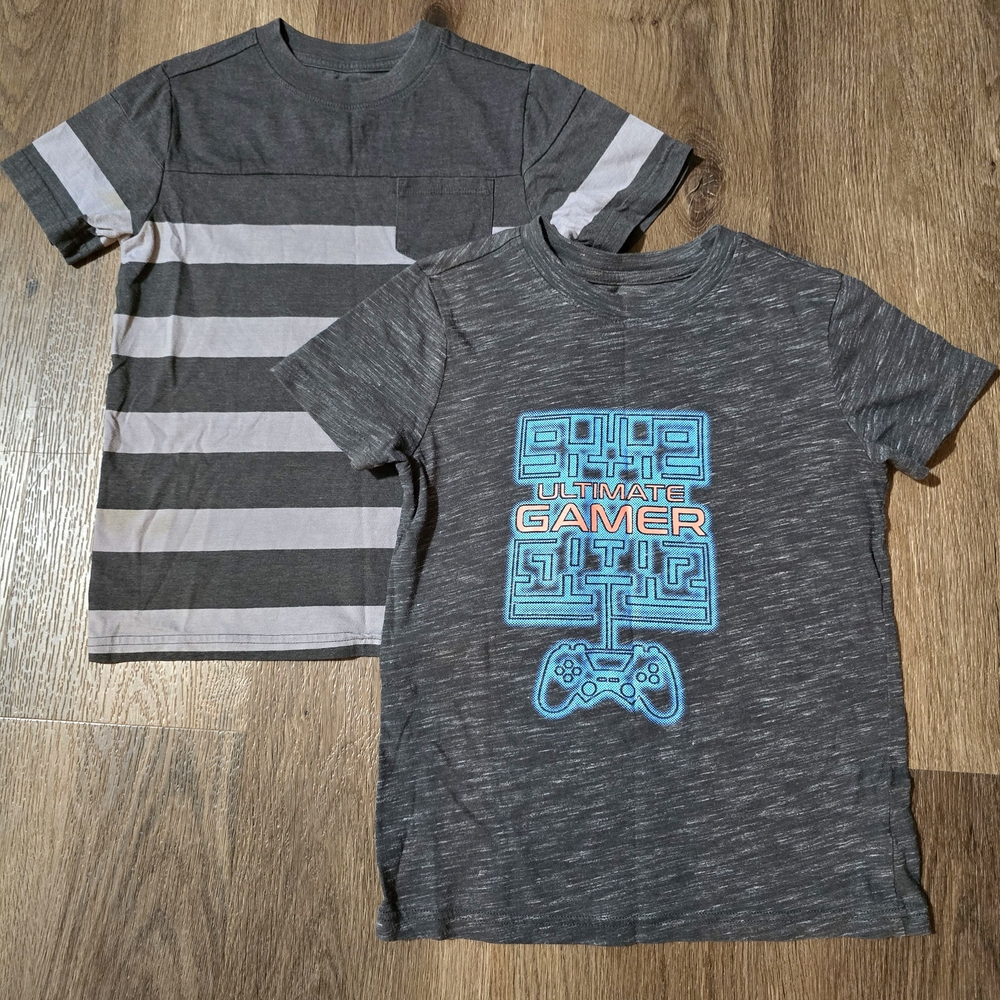 Cat & Jack Boys Shirt Bundle Short Sleeve Gamer‎ Striped Gray Size 6/7 Small